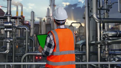 back view of asian male engineer with safety helmet working on a green screen tablet and looking around while standing in a refinery, oil processing equipment and machinery