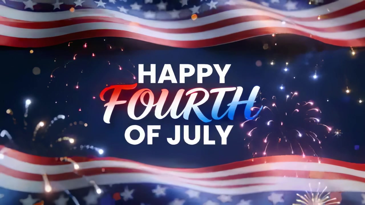 Fireworks bursting, Fourth of July text glowing on backdrop with US flag ribbons, honoring holiday
