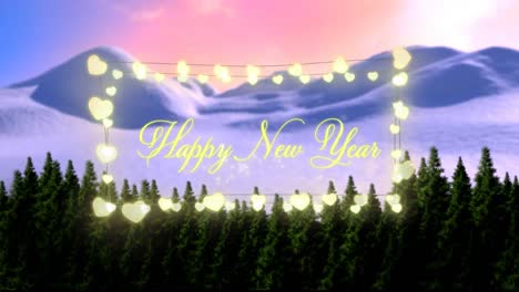 Happy-new-year-text-over-yellow-glowing-heart-shaped-fairy-lights-against-winter-landscape