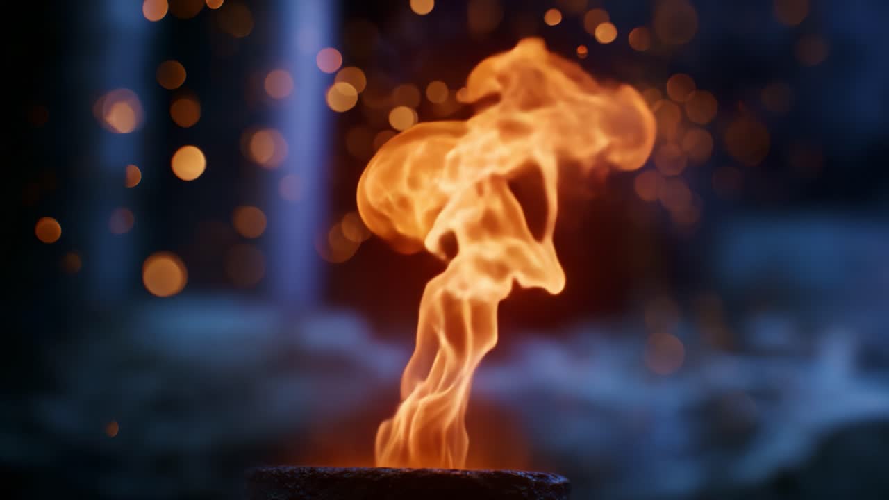 Fiamme maestose che danzano nella notte: gioco di fuoco accattivante che illumina uno sfondo mistico con scintillanti effetti bokeh per un'esperienza visiva mozzafiato
