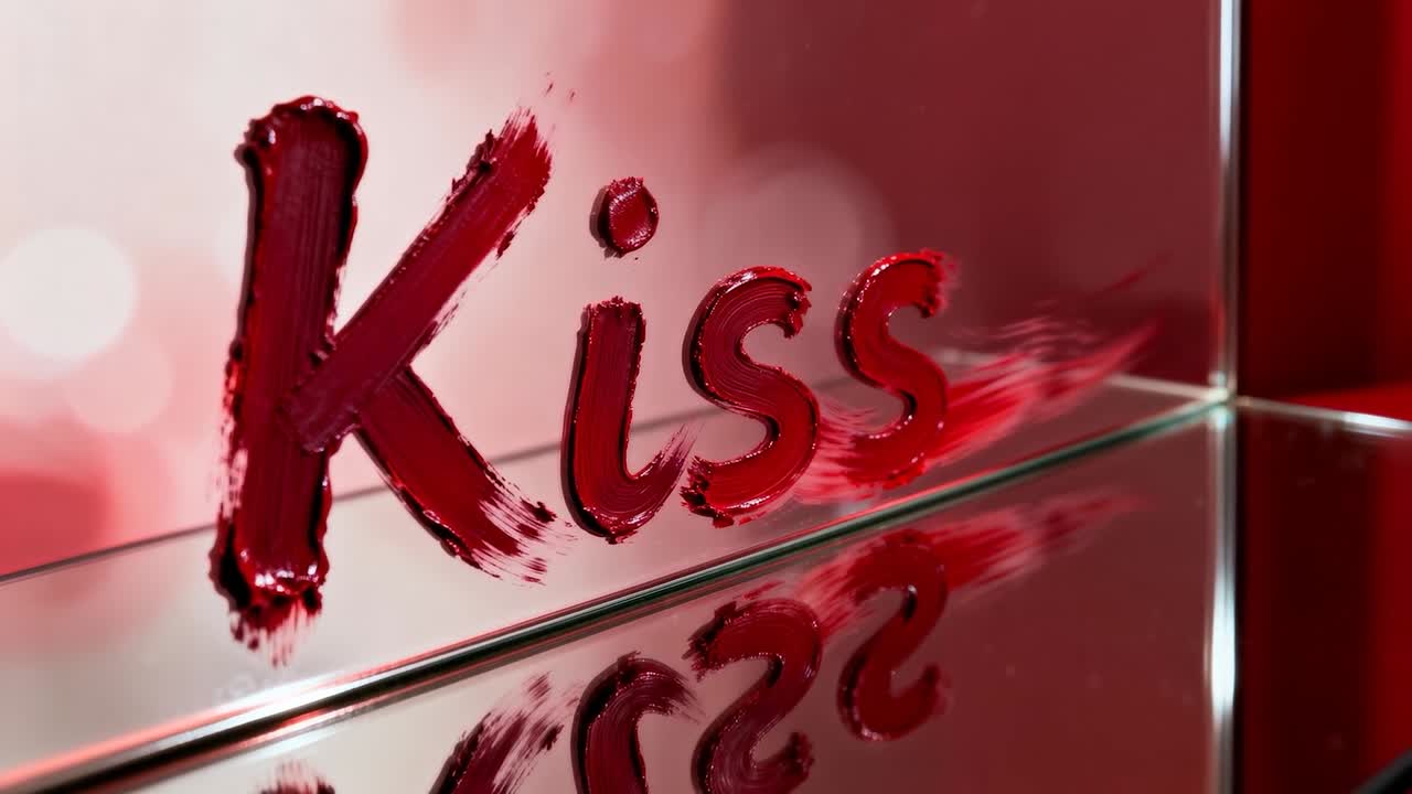 Shifting studio lights creating glints on glass panel, showing glossy red Kiss on reflective shelf