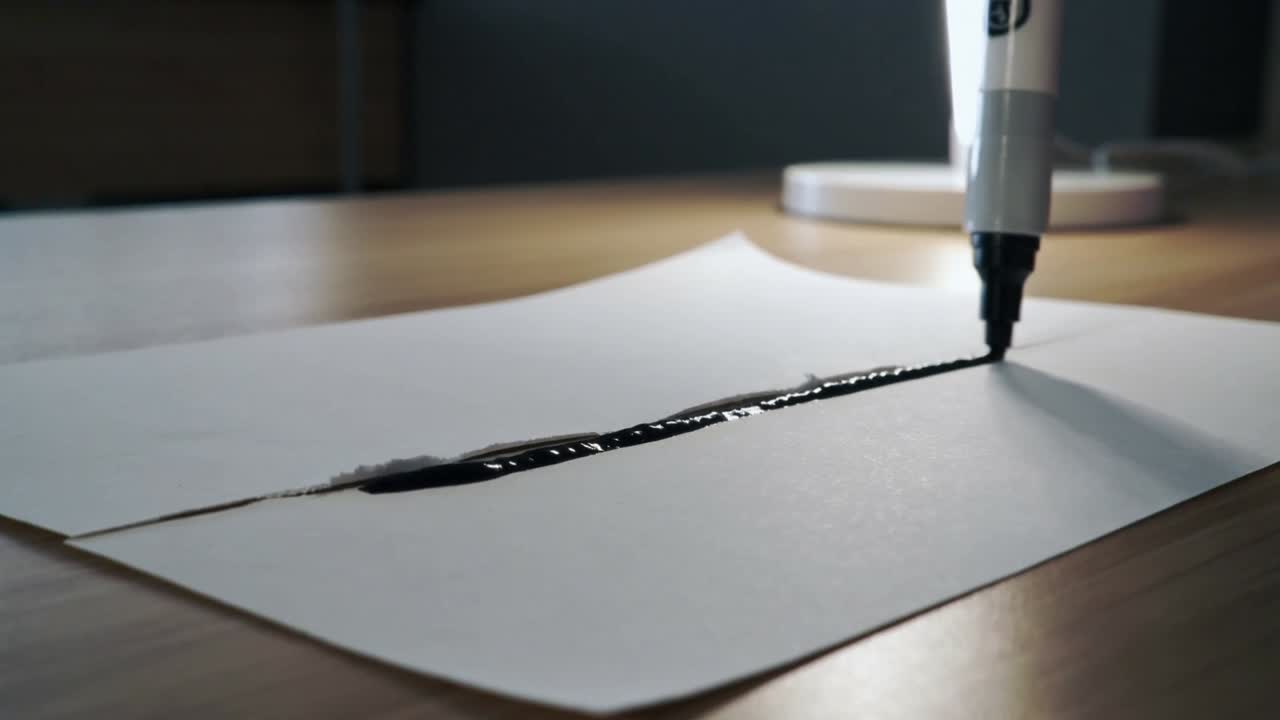 Punt raakt opening, beitelpuntmarker legt glanzend zwarte lijn op bureau, overlappende vellen verzegelend.