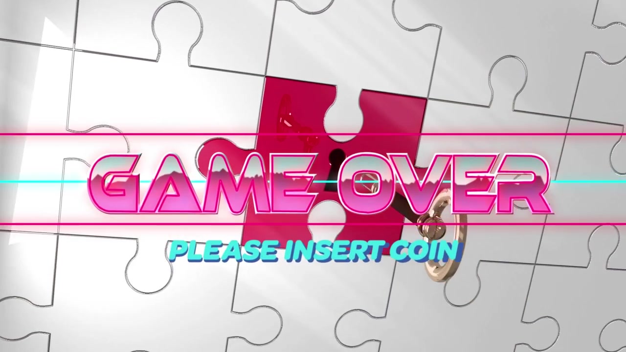 Animazione del testo 'game over' su forme e sfondo bianco.