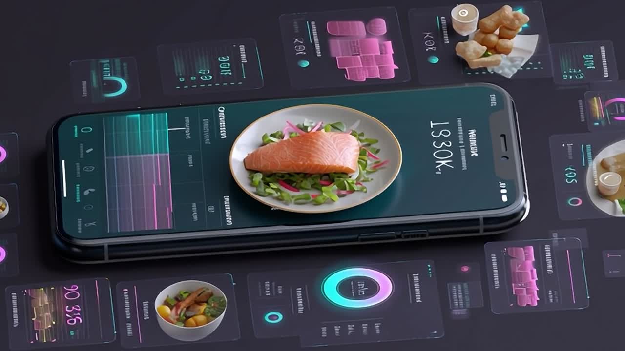 Digital meal tracking app displaying salmon dish with nutrition stats