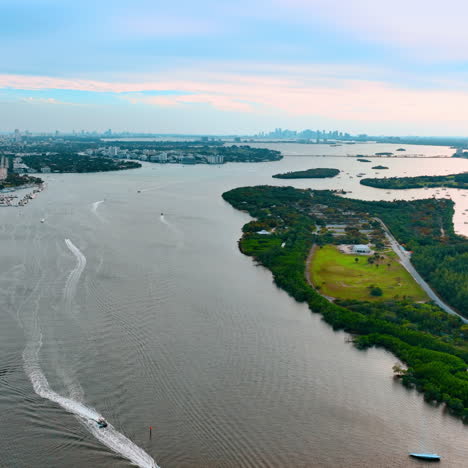breath-taking view of miami beach. splendid scenery of bays and green areas from aerial perspective.