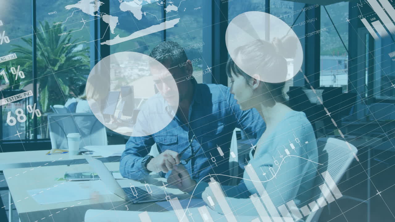 In office, business meeting with data analytics animation overlaying workspace