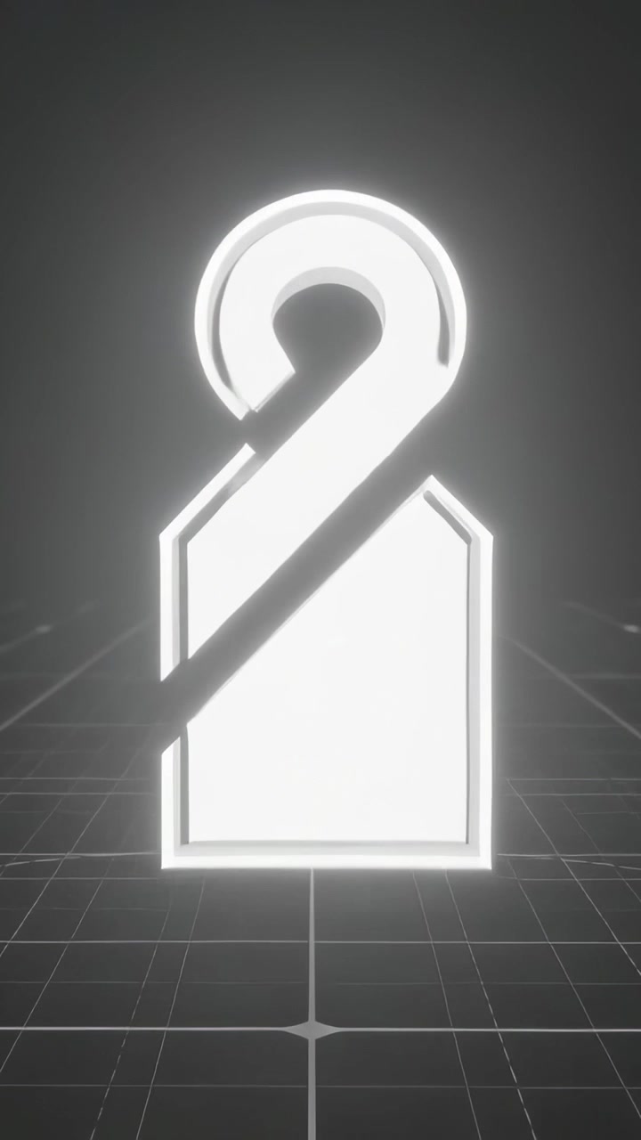 Video verticale: Emblema centrale luminoso che si anima con un alone pulsante su un pavimento a griglia scuro per un movimento sottile.