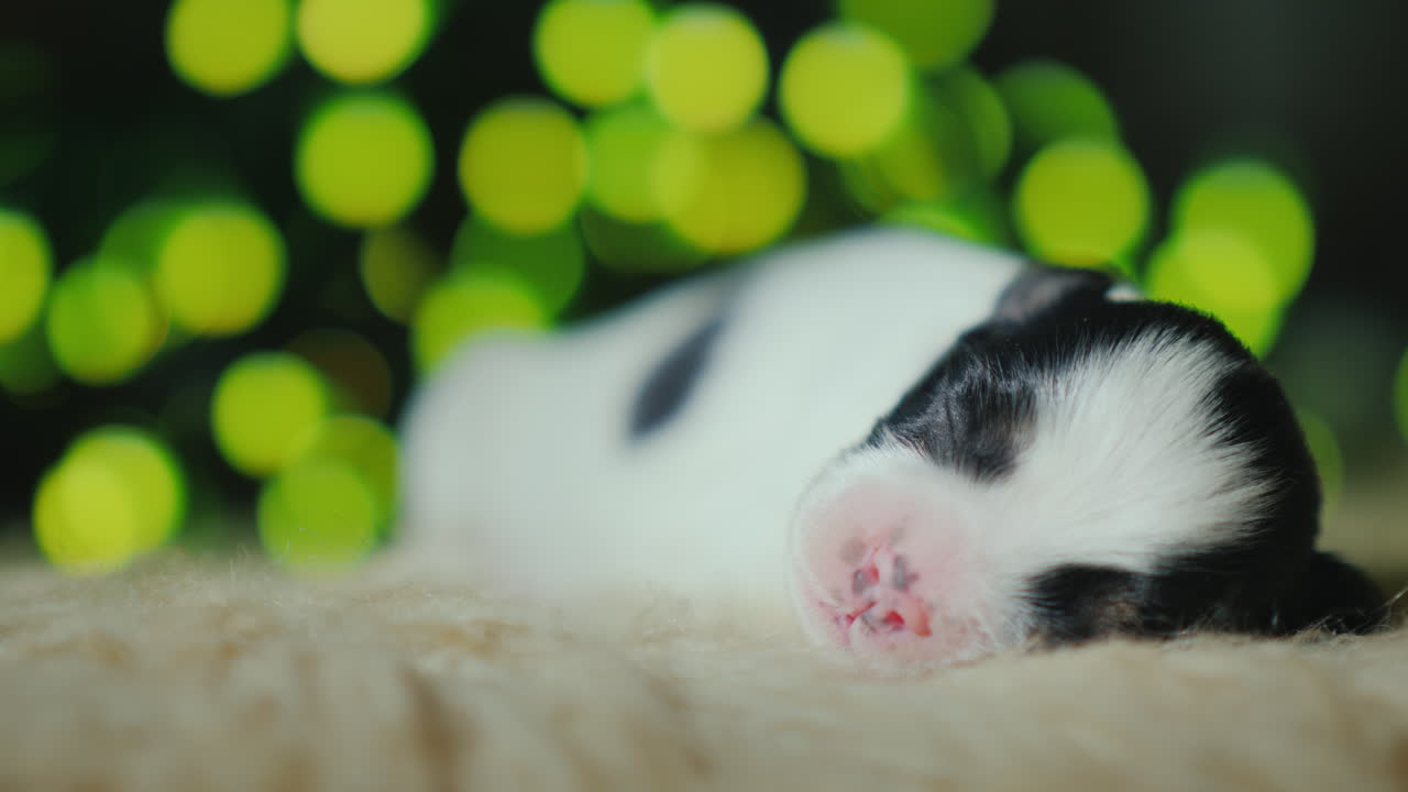 갓 태어난 강아지는 크리스마스 장식을 배경으로 잔다 04