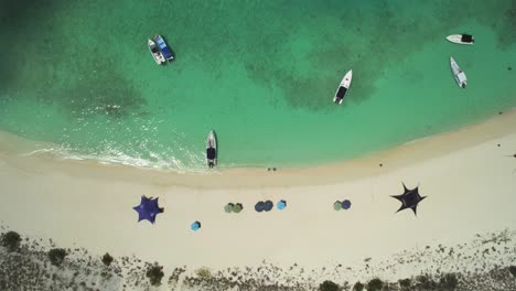 Vista-Aérea-De-Arriba-Hacia-Abajo-De-Cayo-De-Agua-Con-Barcos-Y-Estrellas-De-Mar-En-Un-Día-Soleado,-Aguas-Turquesas