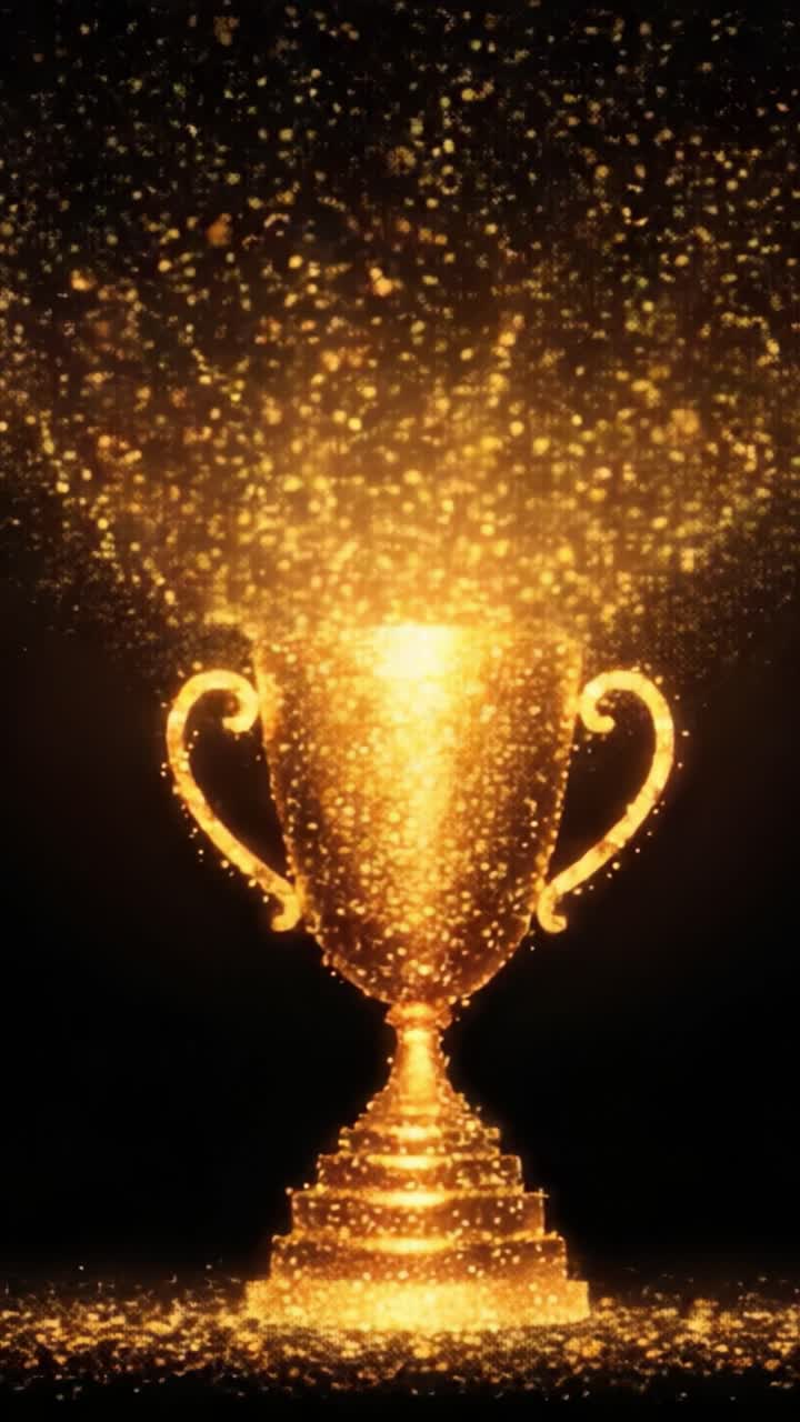 Uno splendido trofeo dorato adornato con particelle scintillanti, simbolo di successo e celebrazione, irradia un bagliore abbagliante su uno sfondo scuro.