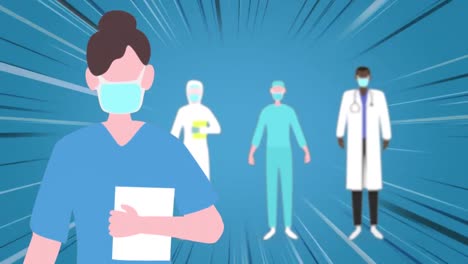 Animation-of-medical-workers-wearing-a-face-mask-in-a-blue-background