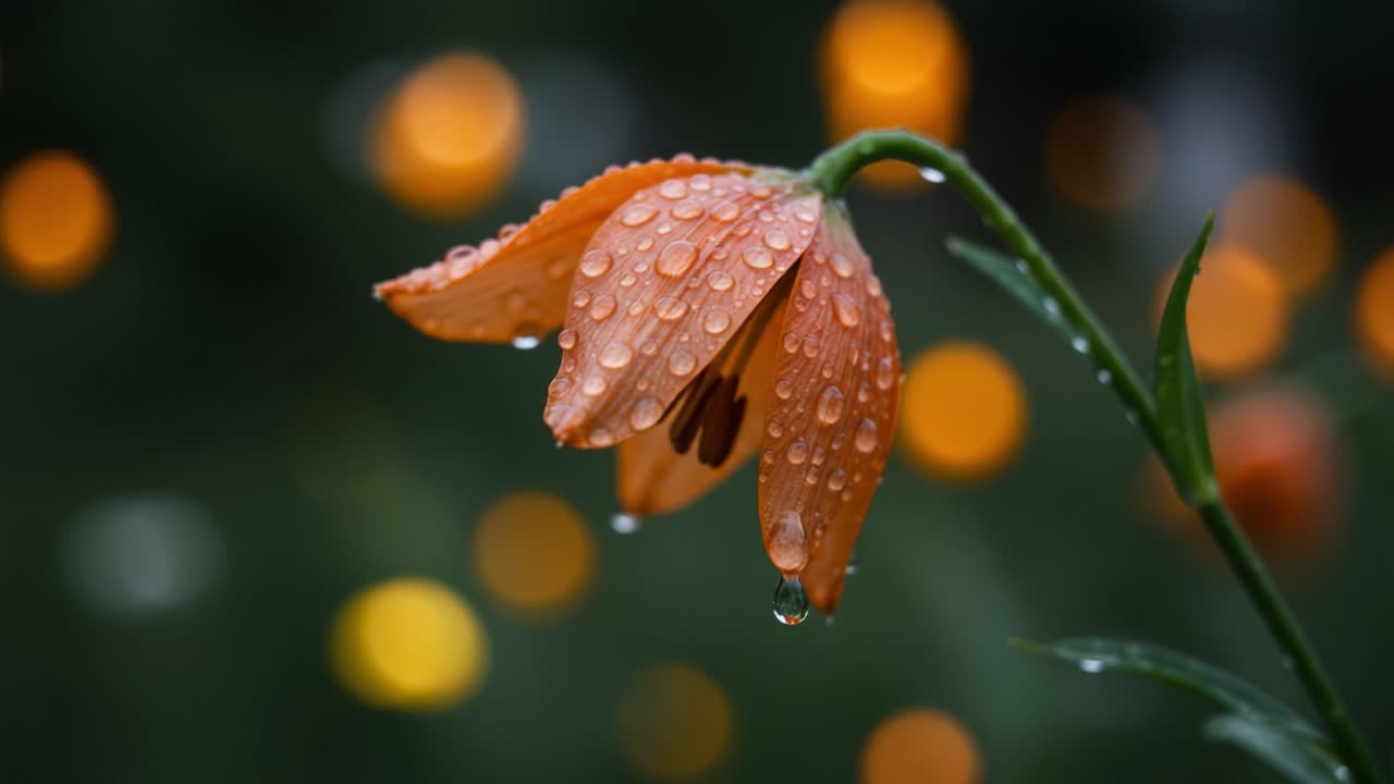 Orange blomst med regndråber og bokeh-baggrund