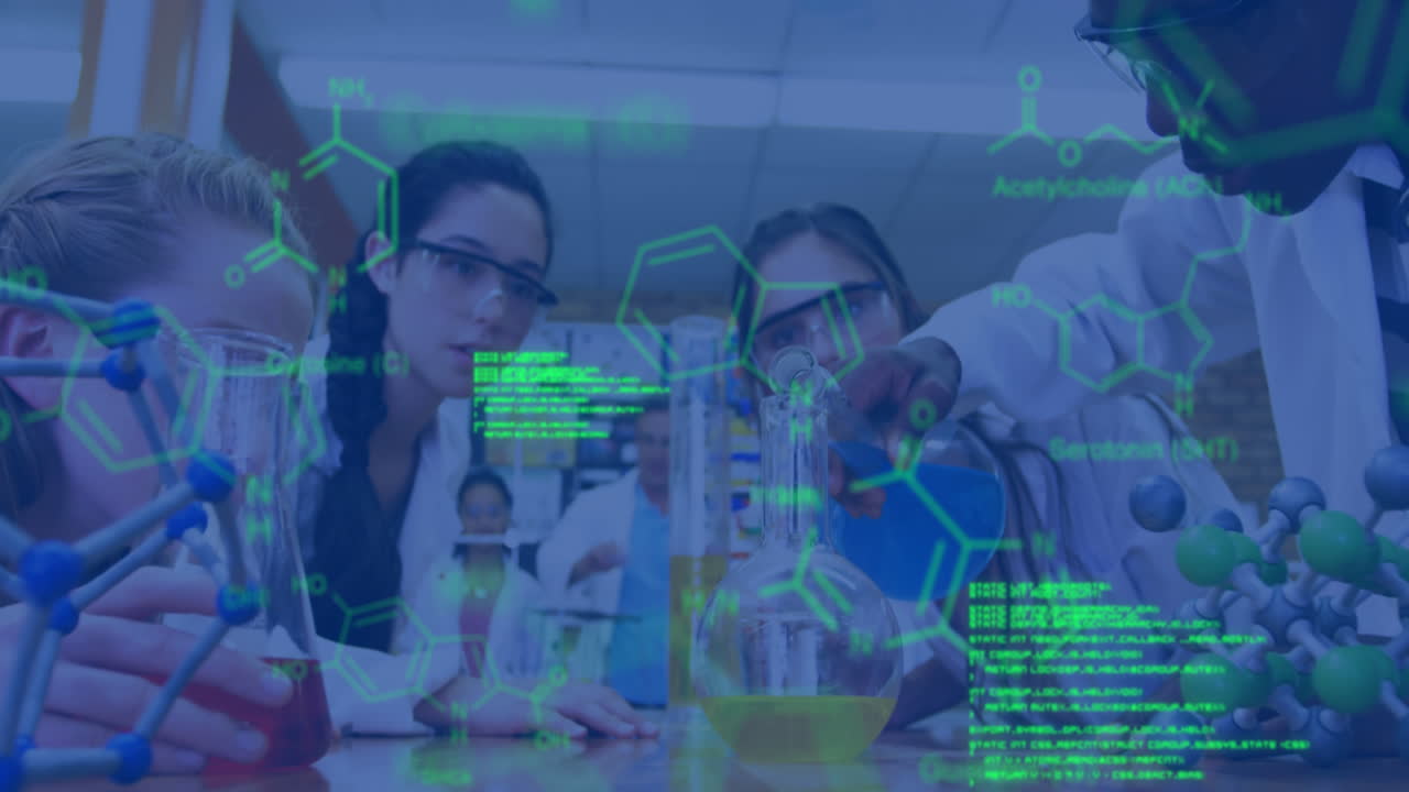 animación del procesamiento de datos y la fórmula química en diversos escolares y maestros