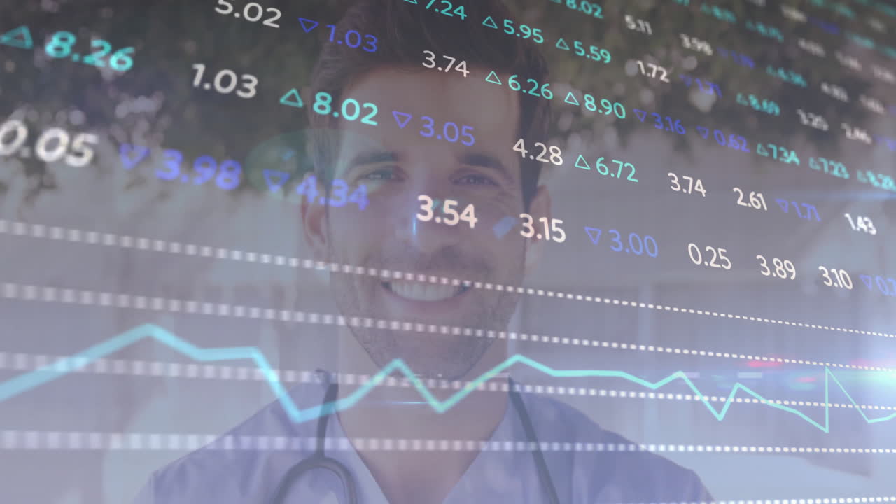 male doctor smiling toward camera in medical office, showing animated financial line chart overlays