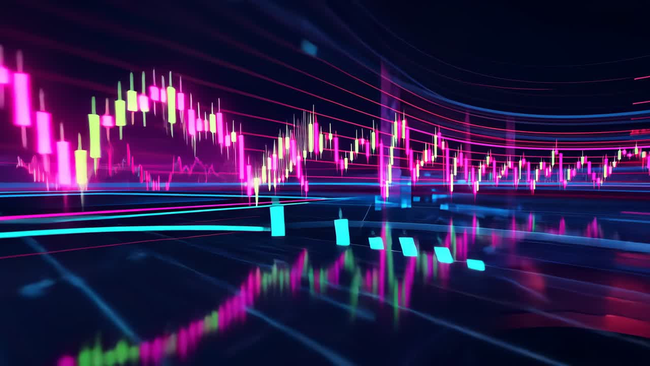 Starting candlestick bars rising in digital mirror grid plane showing chart update, cyan blocks