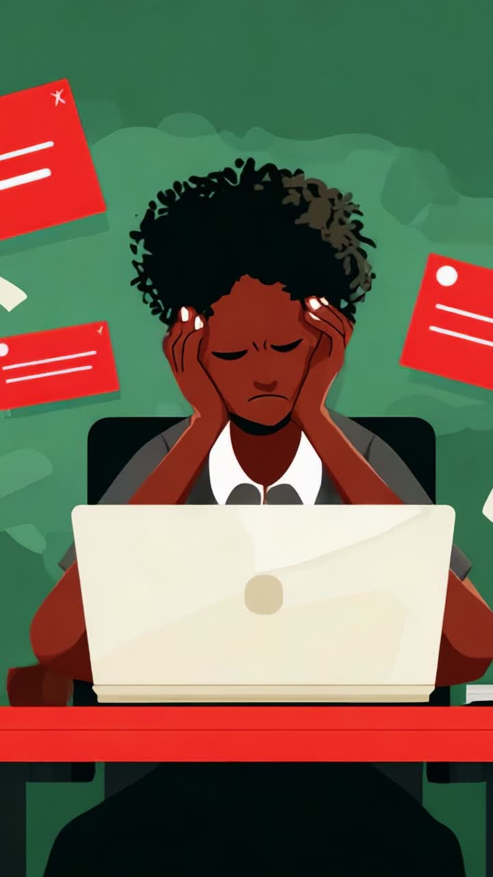 An exhausted individual sitting at a desk, overwhelmed by digital notifications and messages while focused on a laptop, illustrating modern work stress and frustration