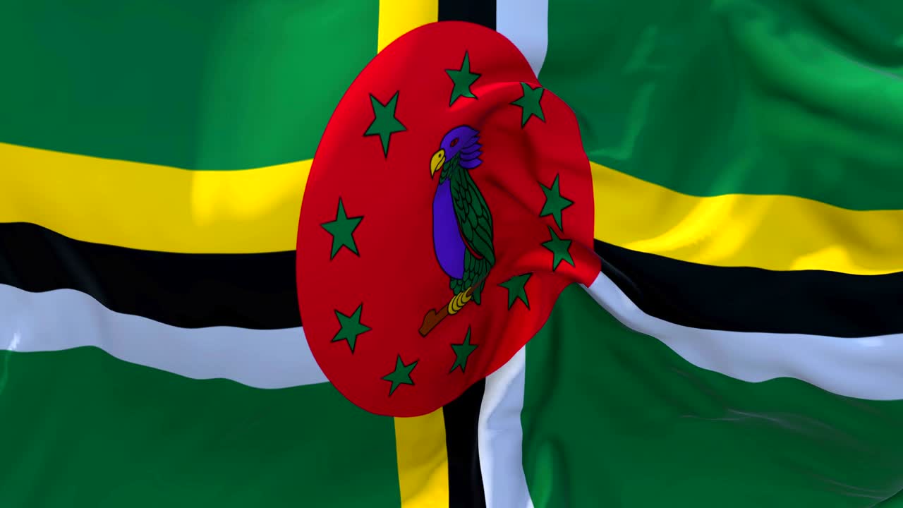 bandera de dominica ondeando en el viento animación en cámara lenta. 4k textura de tela realista bandera soplando suavemente en un día de viento fondo de bucle continuo sin costuras.