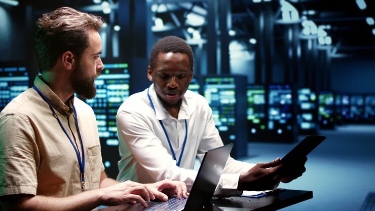 Colleagues running data center tests