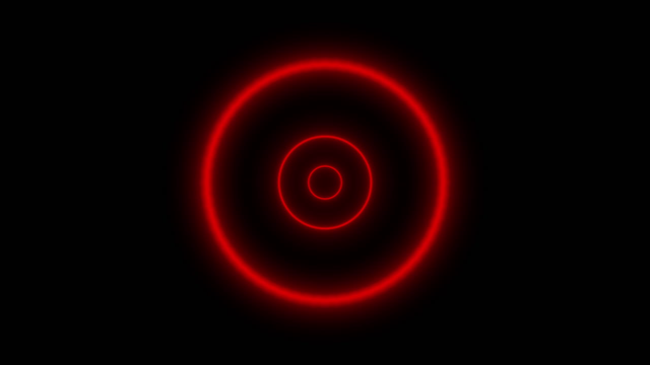 Anéis circulares vermelhos e luminosos irradiando de um ponto focal central. Os anéis aceleram em direção e além do espectador, criando uma sensação de imensa velocidade e profundidade. Perfeito para vídeos de viagens espaciais de ficção científica.