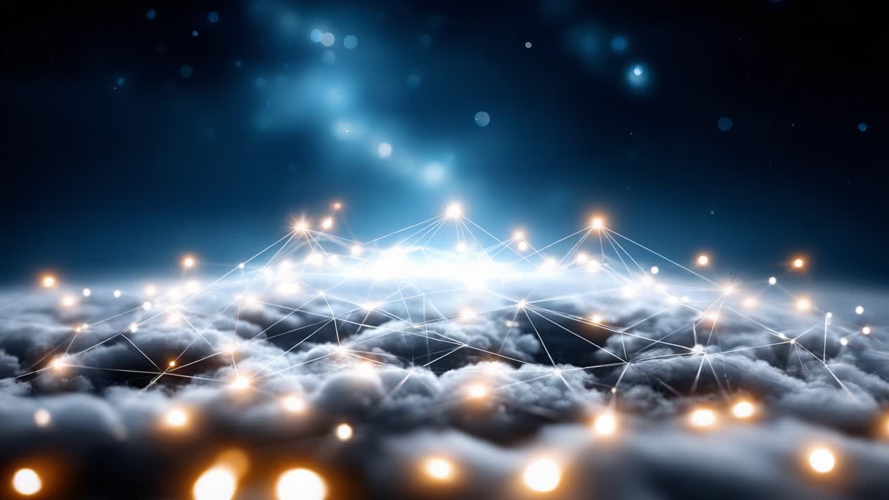 A mesmerizing view of interconnected lights above a cloud layer, showcasing a breathtaking cosmic scene with stars and a silky, ethereal atmosphere