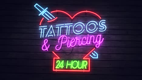 Realistic-3D-render-of-a-vivid-and-vibrant,-dynamic-animated-flashing-neon-sign-depicting-the-words-Tattoos-And-Piercing---24-Hour,-with-an-interior-scene-background