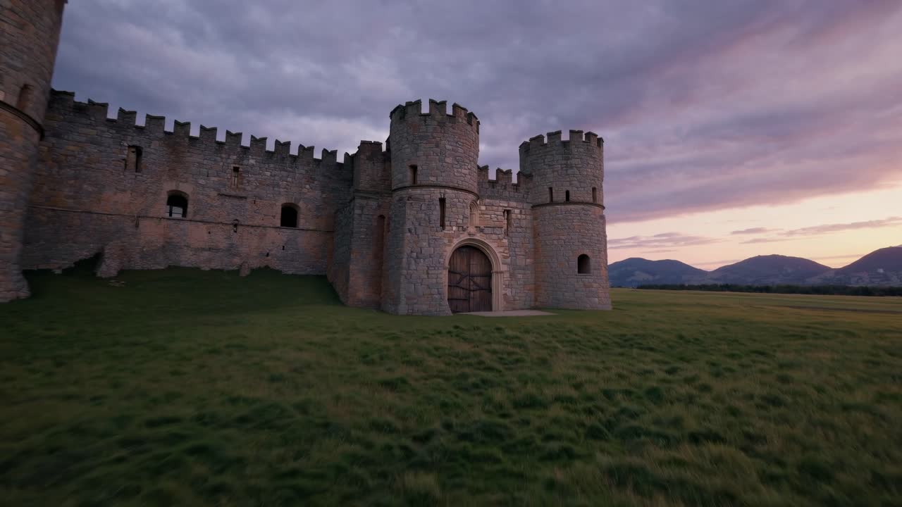 Aerial video of a medieval stone castle at sunset, showcasing its towers and walls