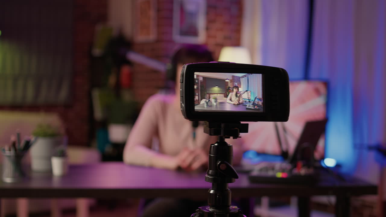 Selective focus on digital video camera screen recording caucasian vlogger talking to audience