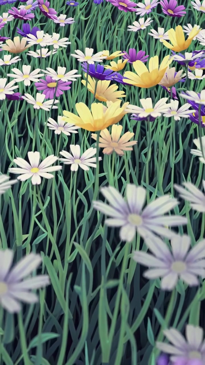 Colorful Animated Flowers Swaying in a Green Field