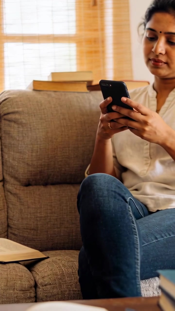 Vertikální video: Žena v světlém topu a džínách zvedá telefon, kontroluje zprávy na pohovce u okna, s prostorem pro text.