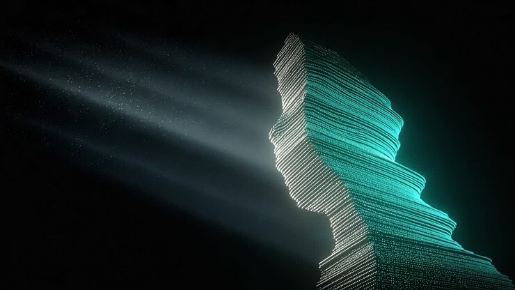 A captivating digital silhouette emerges from the darkness, illuminated by beams of light that highlight its unique contours, showcasing a mesmerizing blend of technology and art in this stunning visual composition