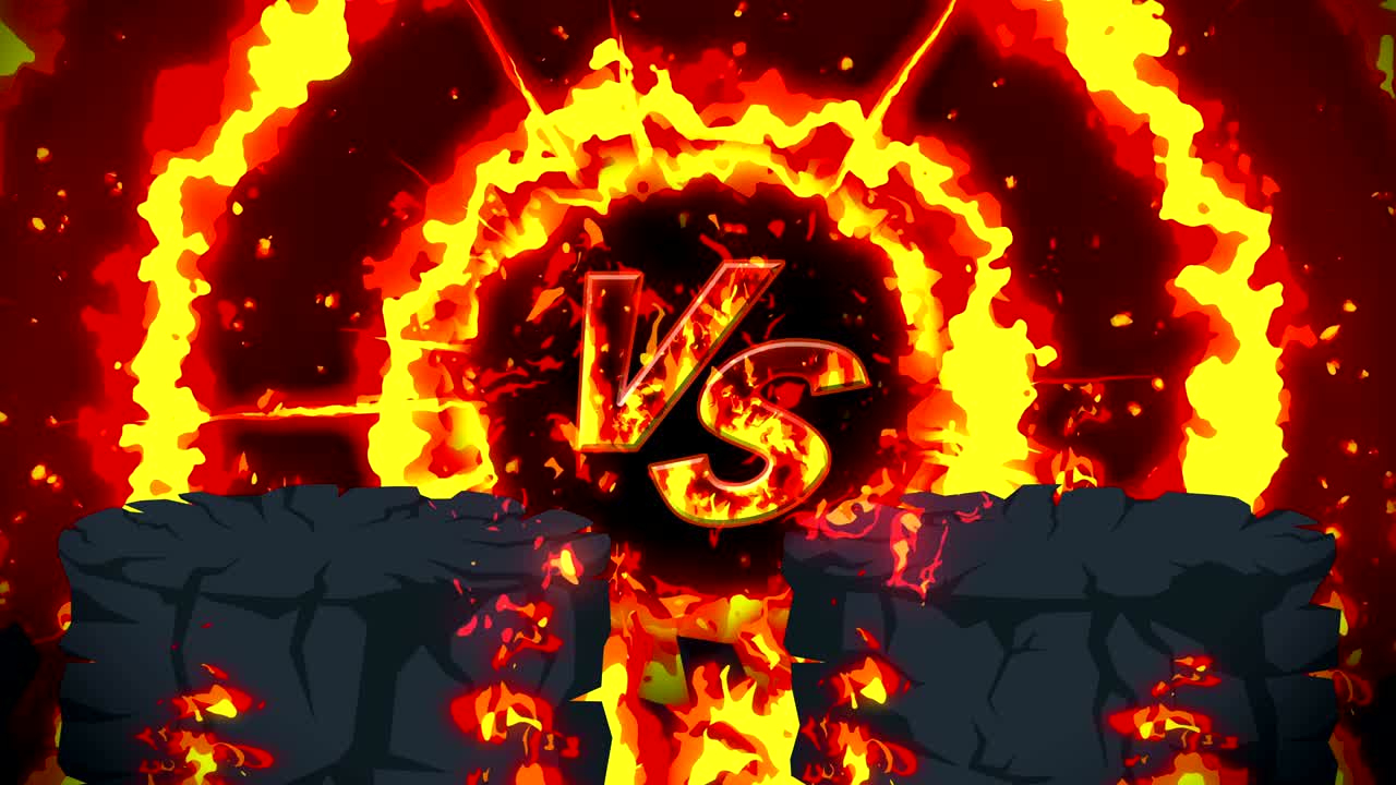 만화 화재 애니메이션. 불꽃 루프 배경. 경쟁. 전투 게임. 아이콘에 대항. 아이콘과 대결.