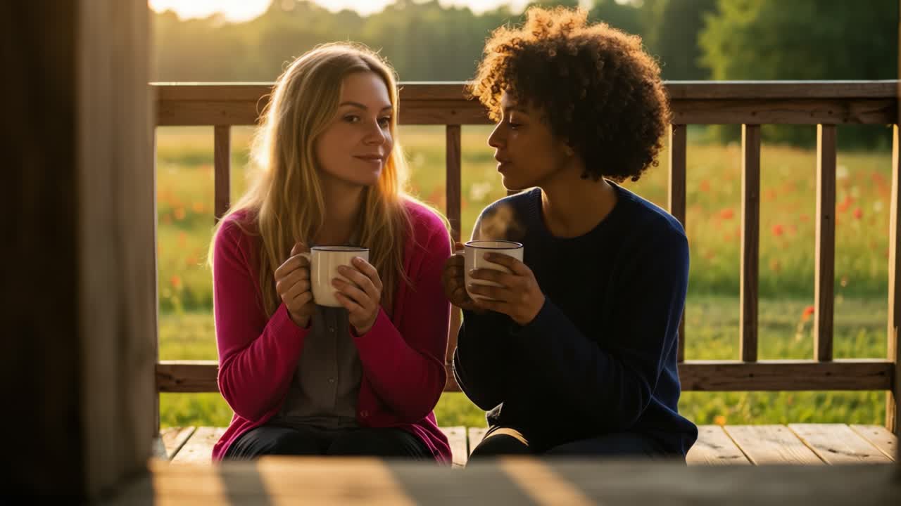 Two women enjoying coffee or tea on a porch at sunset