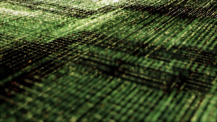 Futuristic digital generated motion abstract matrix particles de-focus grid in cyber space digital background environment