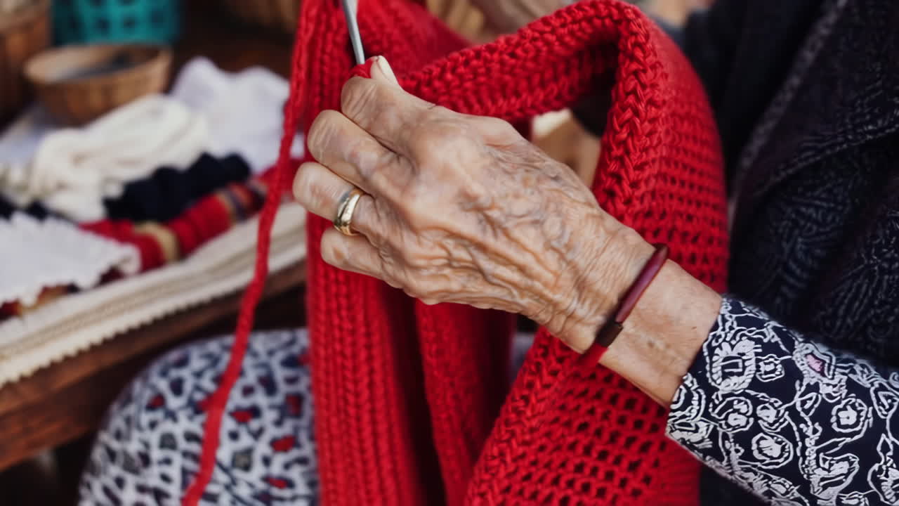 나이 든 여성이 뜨개질을 하고 있습니다.