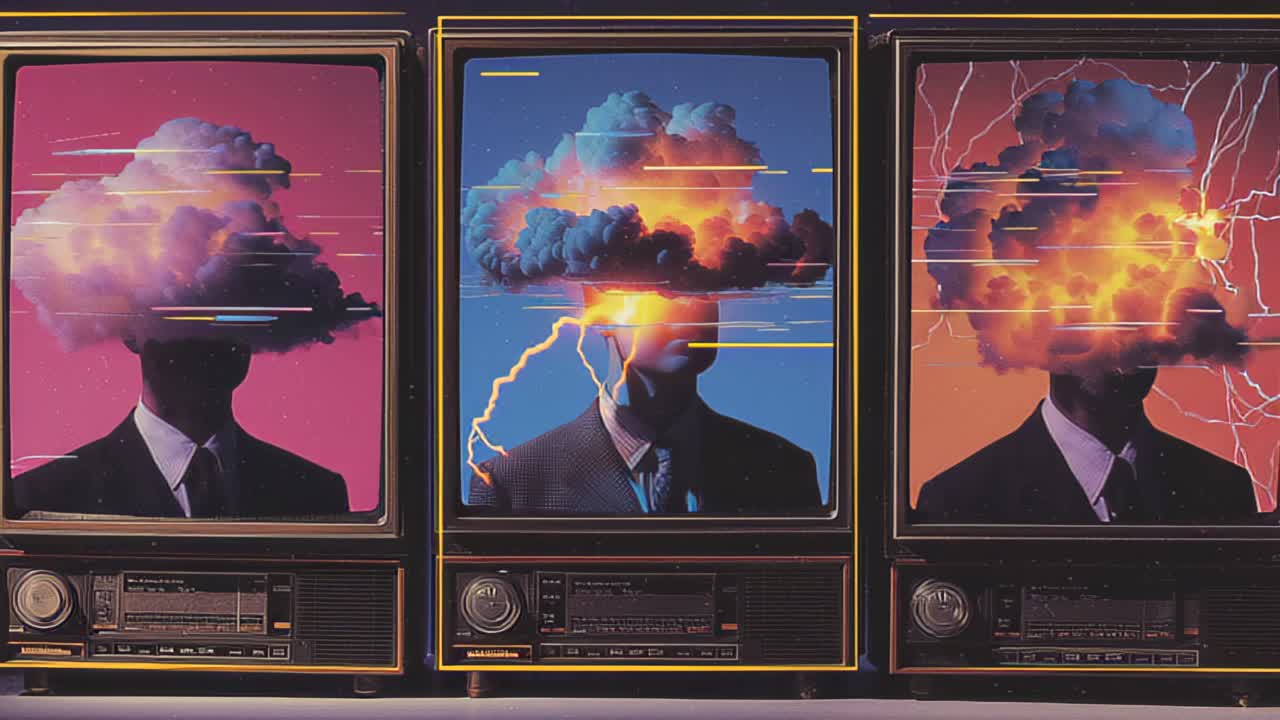 Three retro television screens display a suited man with a storm cloud head, lightning and digital glitches, creating a concept of stress, chaos and media distortion