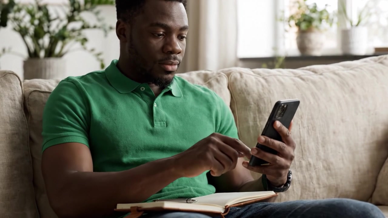 A Focused Individual Engaged in Writing and Using a Smartphone While Relaxing on a Couch Surrounded by Plants in a Comfortable Home Environment
