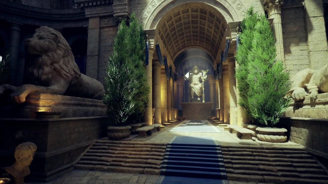 Spettacolare scultura di leone adorna un lussuoso portale in marmo illuminato.