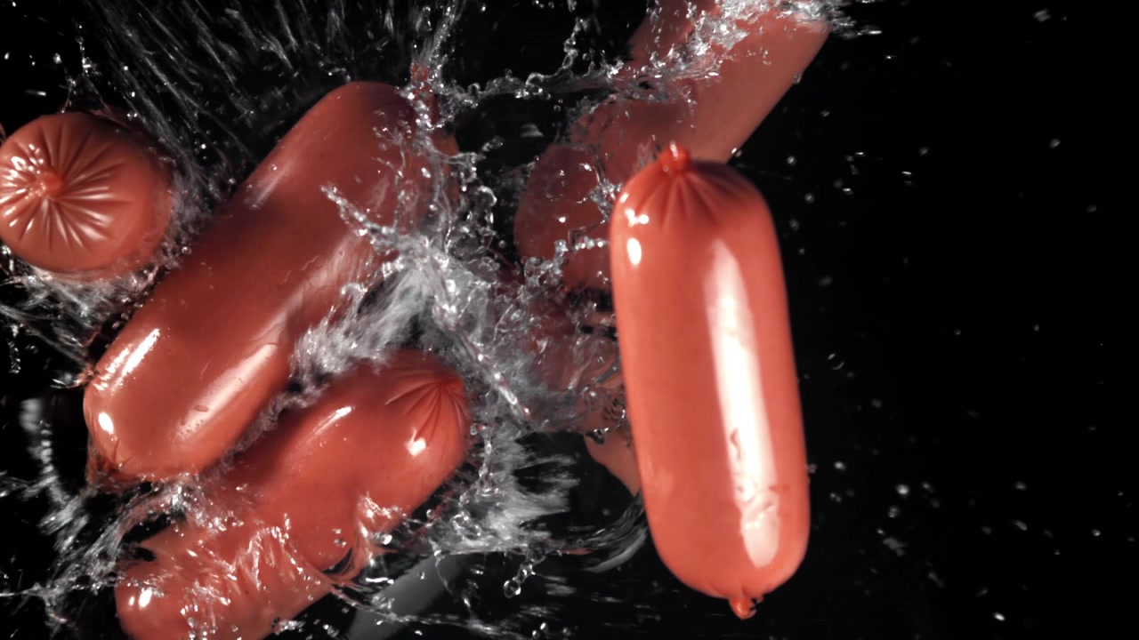 Mini salsicce che schizzano nell'acqua al rallentatore