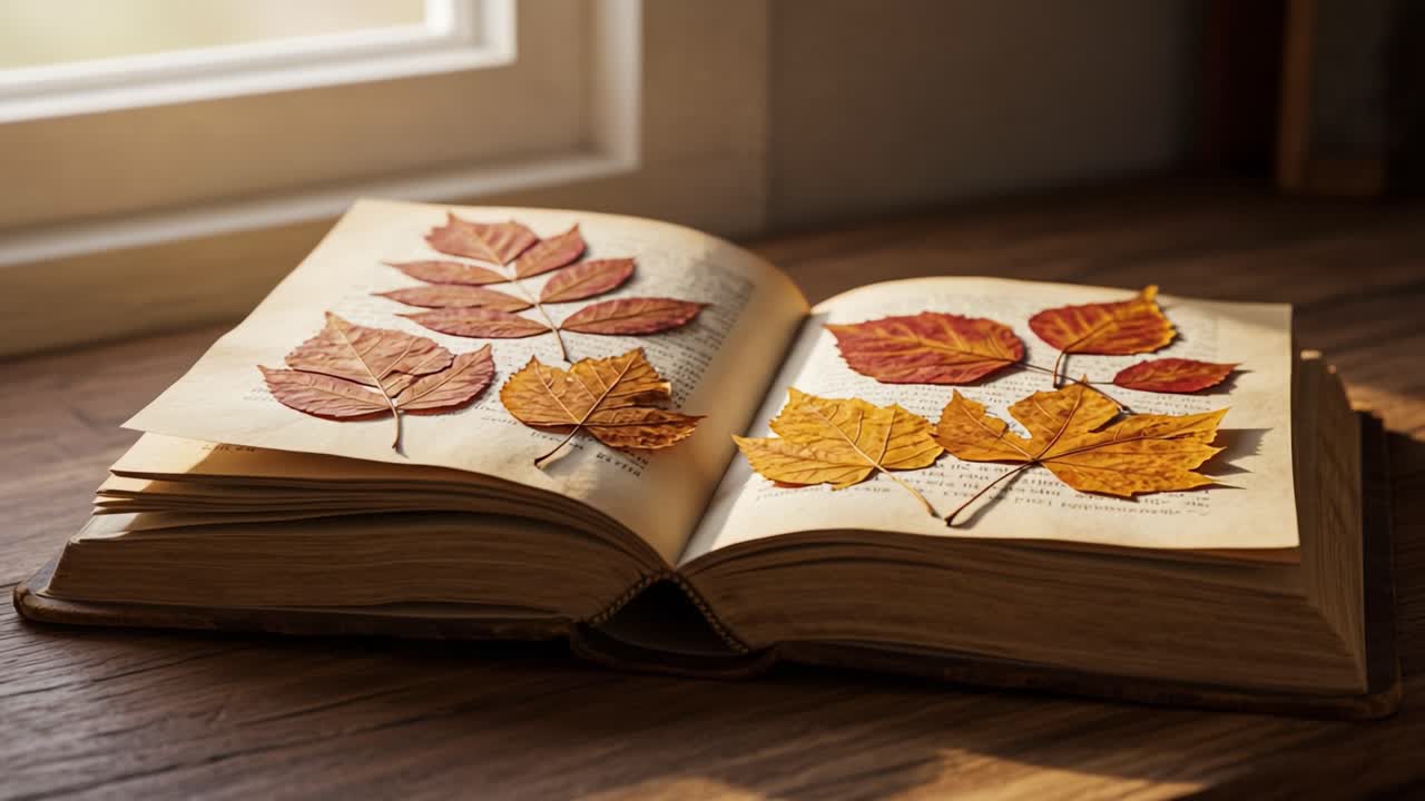 Foglie autunnali pressate in un vecchio libro su una superficie di legno