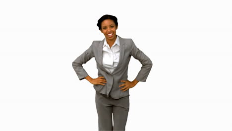 Cheerful-businesswoman-dancing-on-white-screen-in-slow-motion