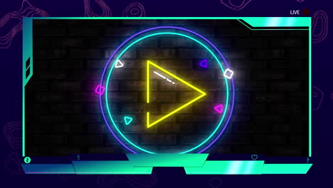 digital animation of digital interface over neon yellow play icon against brick wall