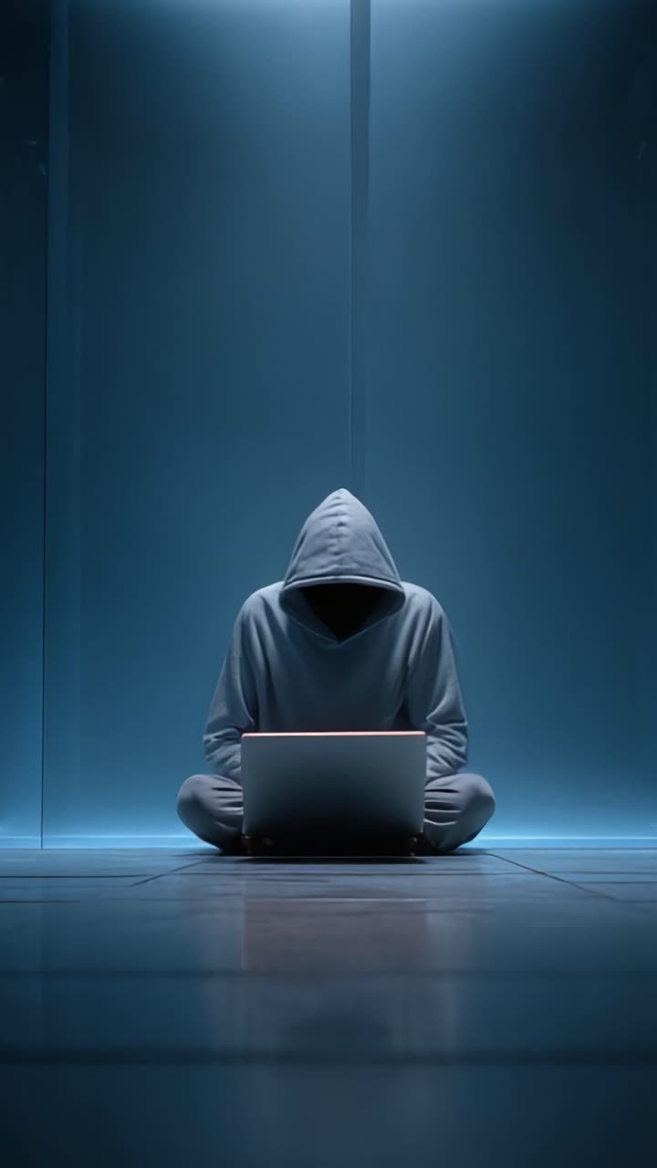 薄暗い部屋で、フード姿の人物があぐらをかいて座り、ラップトップの画面に熱心に集中している。その光景は、謎と好奇心をかき立てる雰囲気を醸し出す。