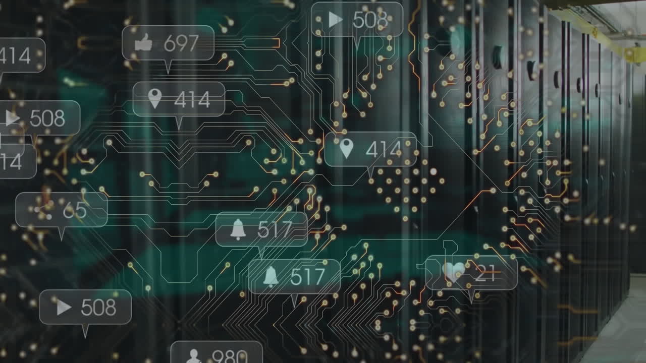 Animation of social media icons and microprocessor connections against computer server room