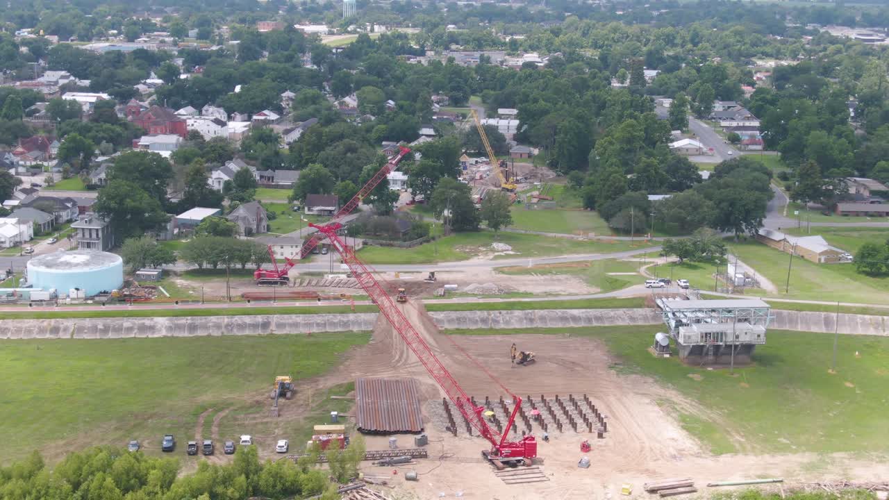 Aerial view of construction sites in Donaldsonville, LA, on the Mississippi River and Bayou Lafourche