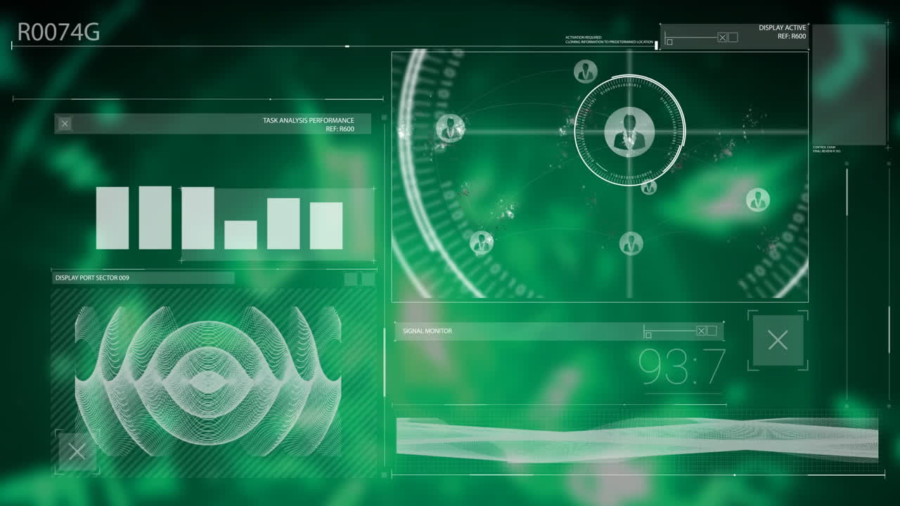 animación de iconos de perfil, gráfico, onda sonora y números cambiantes contra un fondo abstracto.