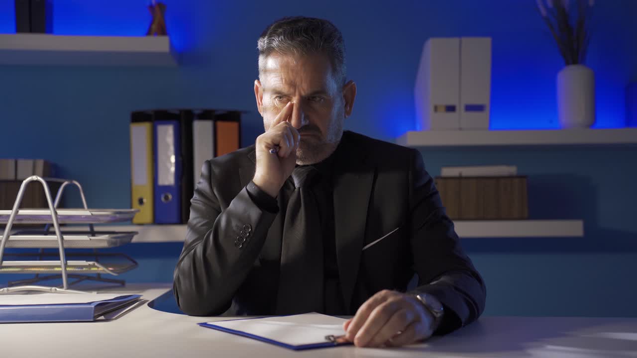 Thoughtful mature businessman sitting at his desk in the office.