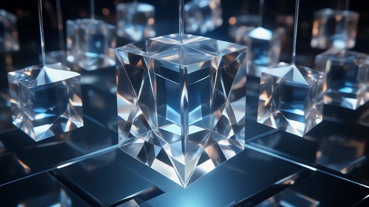 Floating Crystal Cubes Suspended Over a Dark Reflective Surface