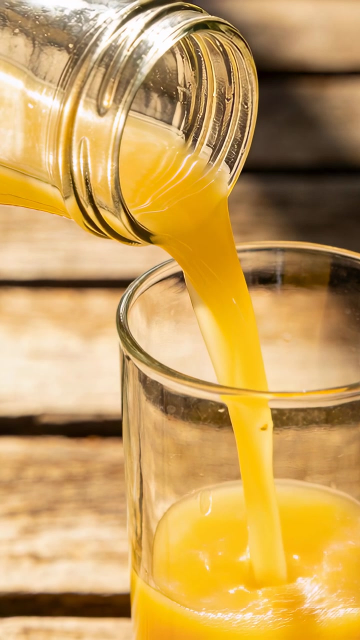 Vertical video: Tilting clear bottle neck top-left pouring orange juice to fill glass on wood slats
