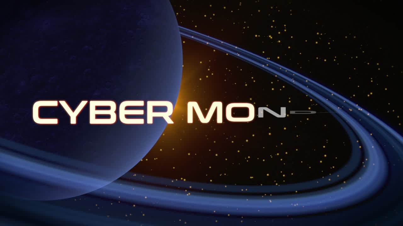 Cyber Monday with big planet with rings and stars in galaxy