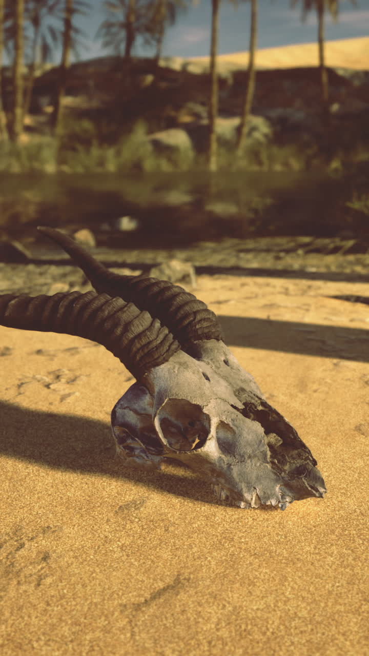 Desert landscape featuring animal skull on sandy ground near oasis